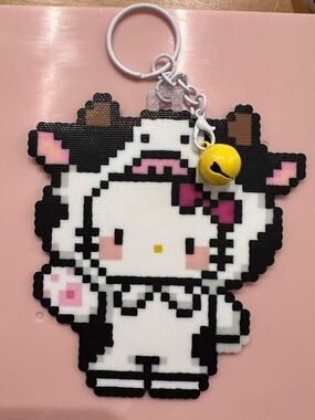 Handmade Perler Bead Cow Hello Kitty Keychain Pixel Art Kawaii Sanrio NEW